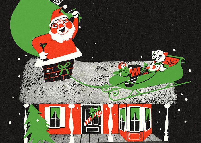Bag Greeting Card featuring the drawing Santa Claus on the Roof of a House by CSA Images
