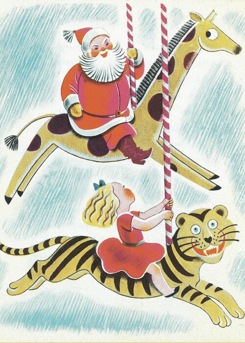 Animal Greeting Card featuring the drawing Santa on Carousel by CSA Images