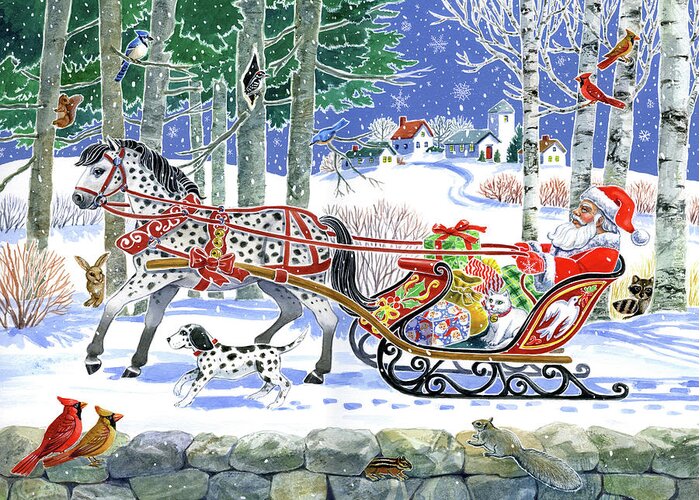 Santa's Sleigh Ride Greeting Card featuring the painting Santa's Sleigh Ride by Geraldine Aikman