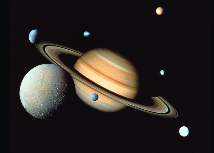 Galaxy Greeting Card featuring the photograph Saturn And Satellites by John Foxx