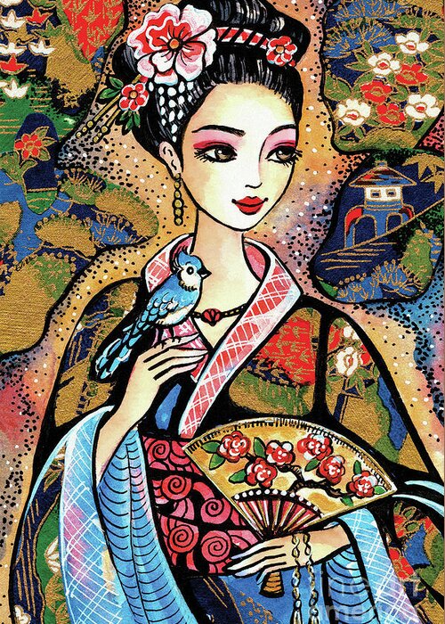 Woman And Bird Greeting Card featuring the painting Sayuri by Eva Campbell