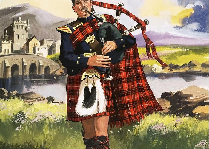 Kilt Greeting Card featuring the painting Scotsman Playing Bagpipes by English School