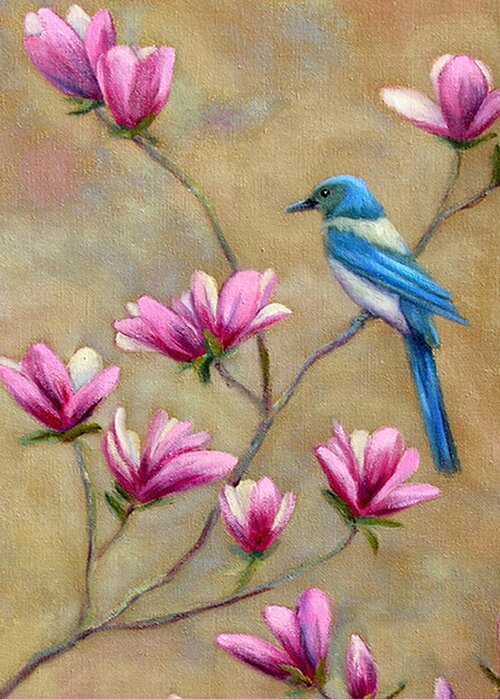 Bird Greeting Card featuring the painting Scrub Jay on Tulip Magnolia by Art by Carol May