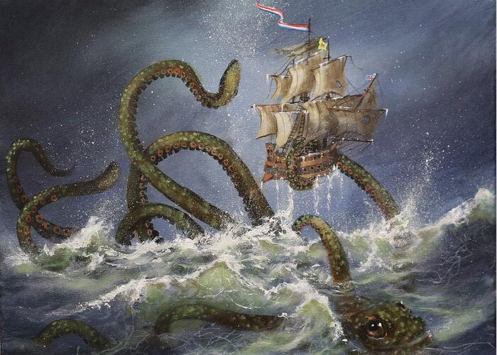 Kraken Greeting Card featuring the painting Sea Monster by Tom Shropshire