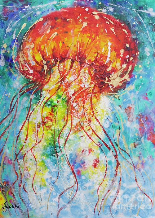 Red Jellyfish Greeting Card featuring the painting Sea Nettle Jellyfish by Jyotika Shroff