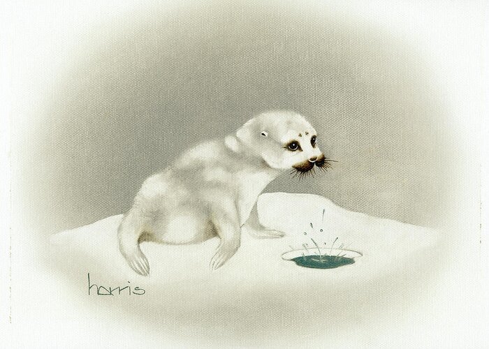 A Baby Harp Seal Sitting On Some Ice With A Little Hole Infront Of It. Greeting Card featuring the painting Seal by Peggy Harris