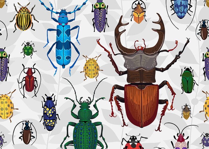 Antenna Greeting Card featuring the digital art Seamless Pattern With Colorful Bugs by Anna Poguliaeva