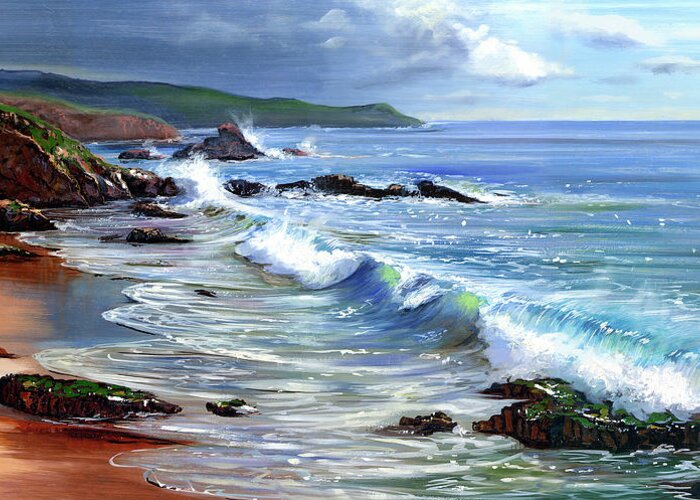 Waves Crashing On Shore Greeting Card featuring the painting Seascape by Thomas Linker