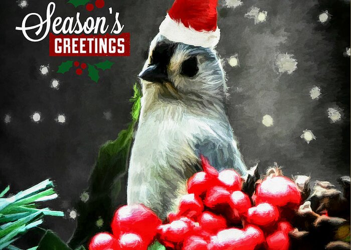 Seasons Greetings Greeting Card featuring the digital art Season's Greetings Tufted Titmouse by Tina LeCour