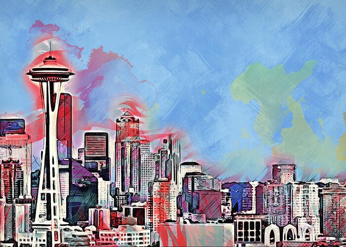 Seattle Greeting Card featuring the painting Seattle Skyline - 03 by AM FineArtPrints