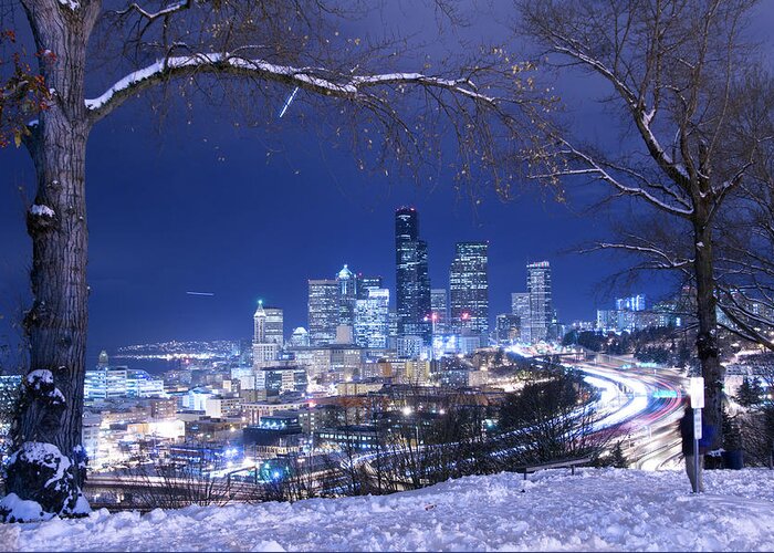 Scenics Greeting Card featuring the photograph Seattle Skyline In Winter by Furchin