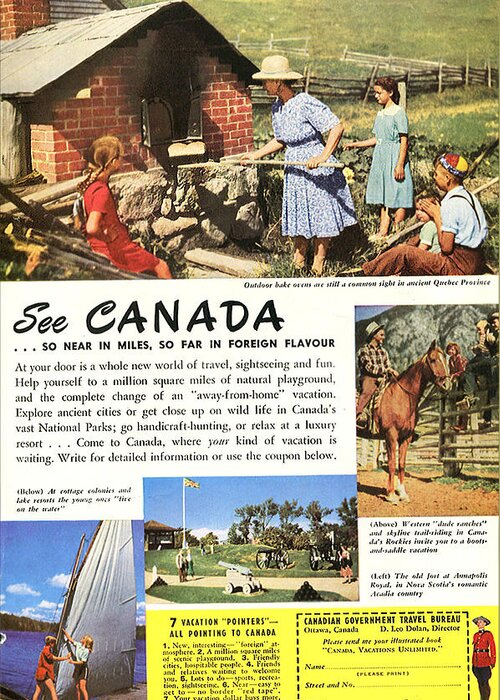 Canada Greeting Card featuring the mixed media See Canada, So Near in Miles, So Far in Foreign Flavour 1949 ad by Canadian Government Travel Bureau by Zalman Latzkovich