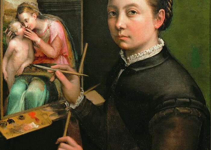 Anguissola Greeting Card featuring the painting Self-portrait, painting the Madonna, 1556 Canvas, 66 x 57 cm. by Sofonisba Anguissola -c 1532-1625-