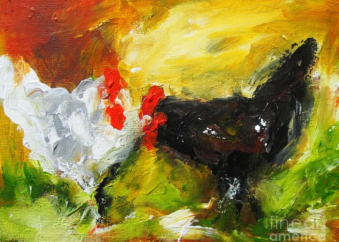 Two Hens Greeting Card featuring the painting Semi Abstract Painting Of Two Hens by Mary Cahalan Lee - aka PIXI