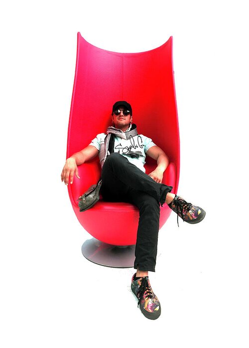 Artist Chair Red Glasses Cool La Hollywood Beverly Hills Man Guy Dude Male Masculine Art Scarf Simple Simplistic Minimal Famous Actor Star Greeting Card featuring the digital art Sergio in Beverly Hills by Jamie Looney