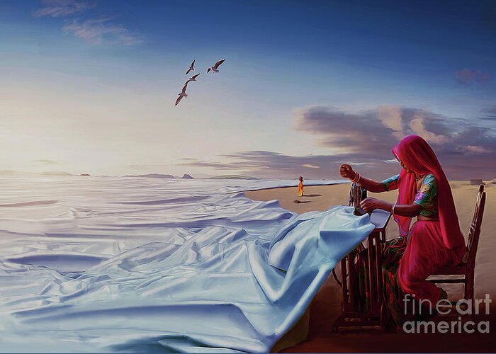 Surreal Greeting Card featuring the painting Sewing Sea by Gull G