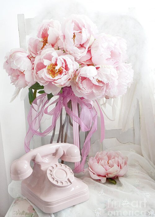 Shabby Chic Pastel Pink Peonies Whimsical Pink Telephone Floral Wall Decor  Greeting Card