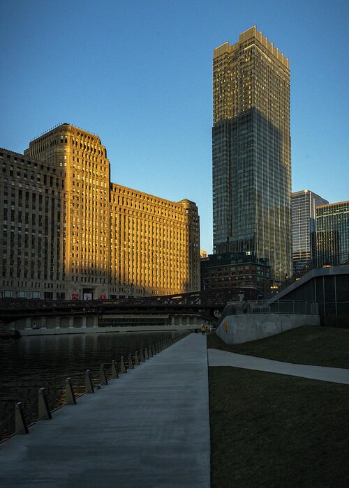 Chicago Riverwalk Merchandise Mart Greeting Card featuring the photograph Shadows of the City by Laura Hedien