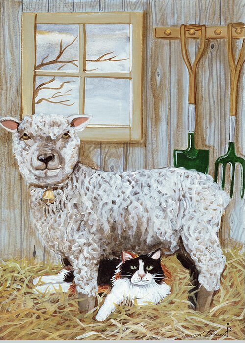 A Cat Lying In The Hay Underneath A Sheep In The Barn
Domestic Cats Greeting Card featuring the painting Sheep And Cat by Jan Panico