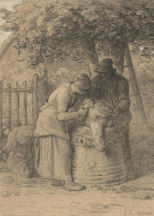 19th Century Art Greeting Card featuring the drawing Sheepshearing Beneath a Tree by Jean-Francois Millet