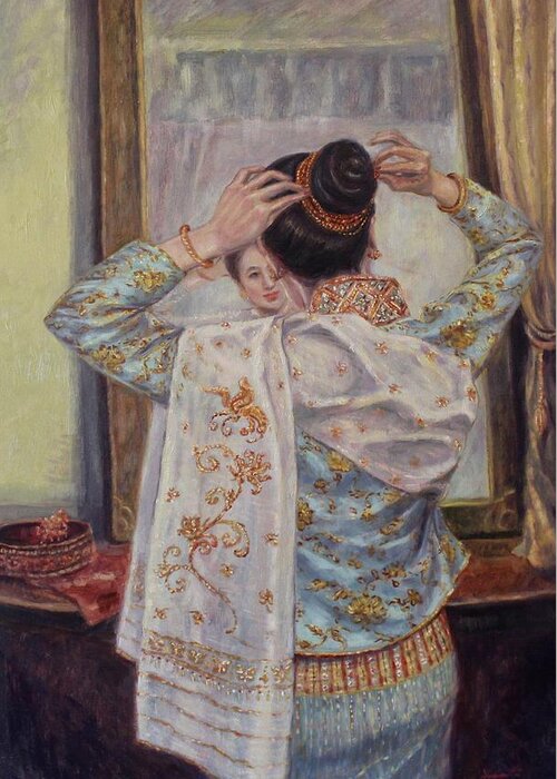 Lao Woman Greeting Card featuring the painting Sheer Elegance II by Sompaseuth Chounlamany