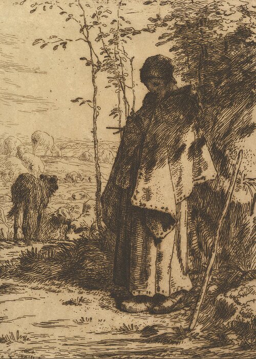 19th Century Art Greeting Card featuring the relief Shepherdess Knitting by Jean-Francois Millet