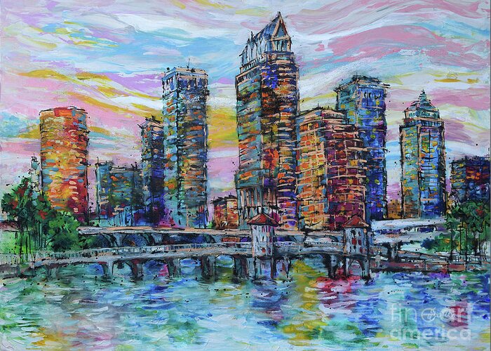 Tampa Skyline Greeting Card featuring the painting Shimmering Tampa Skyline by Jyotika Shroff