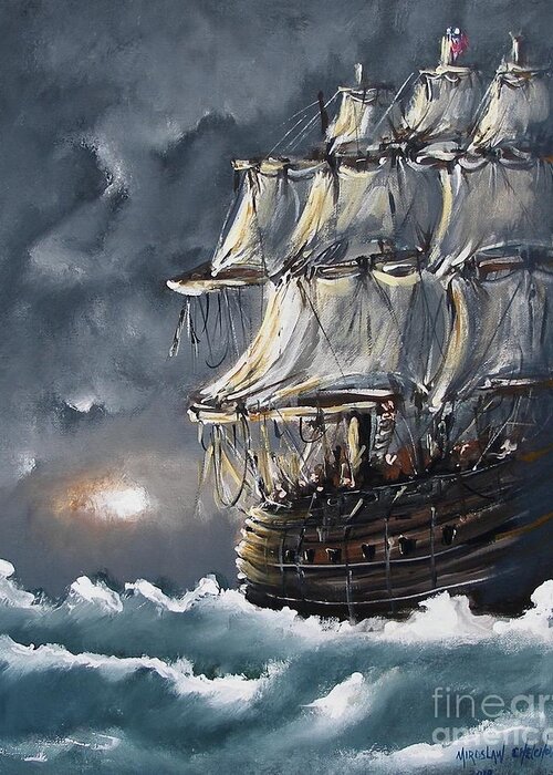 Ship Voyage Acrylic On Canvas Painting Print Seascape Ocean Water Wave Sea Storm Dark Blue Evening Cloudy Sail Sailing Boat Sail Cloth Greeting Card featuring the painting Ship Voyage by Miroslaw Chelchowski