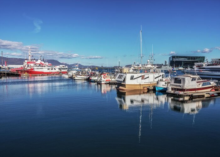 Boats Greeting Card featuring the photograph Ships at the Harbor in Reykjavik by Debra and Dave Vanderlaan