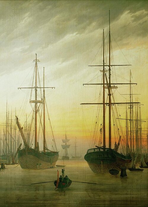 Caspar David Friedrich Greeting Card featuring the painting Ships in the harbour. Oil on canvas. by Caspar David Friedrich -1774-1840-