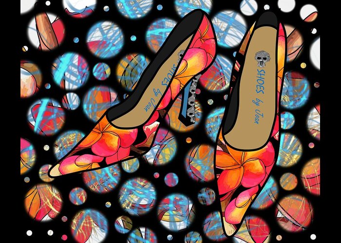 Fashion Greeting Card featuring the digital art Shoes by Joan - Frangipani Pattern Pumps by Joan Stratton