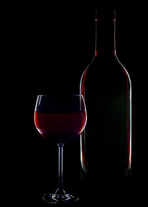 Black Color Greeting Card featuring the photograph Silhouette Of Red Wine Bottle And Glas by Lightpix