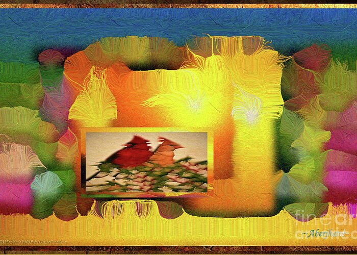 Silk-featherbrush Greeting Card featuring the digital art Silk-Featherbrush Number 2 - Two Redbirds of a Feather Cozy Together by Aberjhani