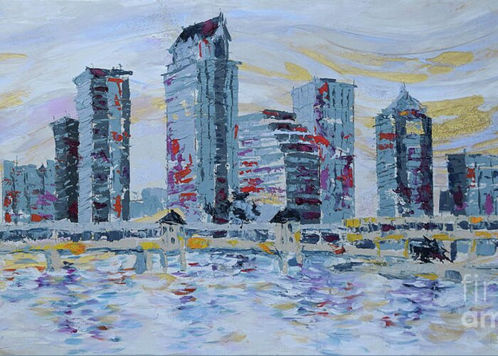 Tampa Skyline Greeting Card featuring the painting Silvery Tampa Skyline by Jyotika Shroff