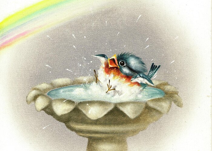 A Bluebird In A Birdbath With A Rainbow Overhead Greeting Card featuring the painting Singin' In The Rain by Peggy Harris