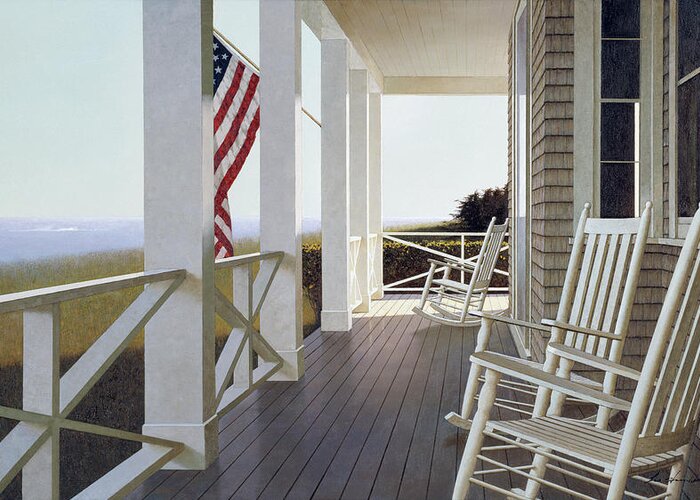 Porch With Chair Near Ocean With Flag Greeting Card featuring the painting Sitting by Zhen-huan Lu