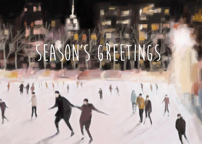 Holiday Cards Greeting Card featuring the painting Skating in Bryant Park New York City Holiday Card by Beverly Brown