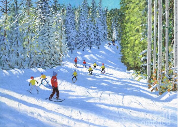 Winter Greeting Card featuring the painting Ski Lesson, Samoens, France by Andrew Macara