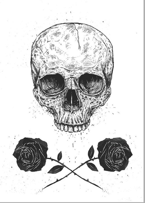 Skull Greeting Card featuring the drawing Skull N' Roses by Balazs Solti