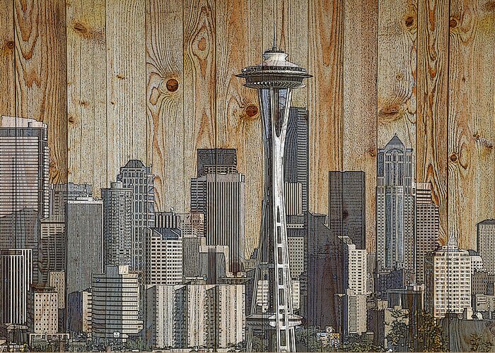 Seattle Greeting Card featuring the mixed media Skyline of Seattle, USA on Wood by Alex Mir