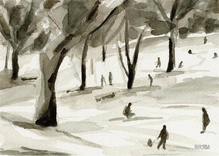 Holiday Cards Greeting Card featuring the painting Sledding Central Park New York City Holiday Card by Beverly Brown