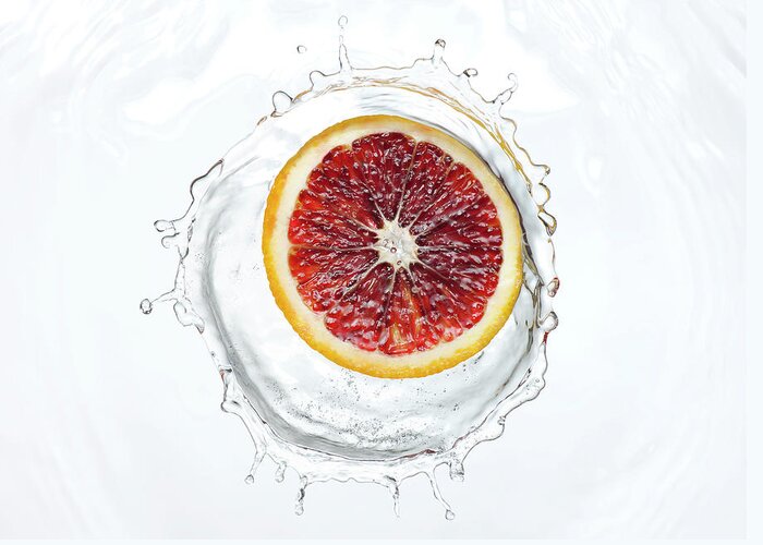 White Background Greeting Card featuring the photograph Slice Of Blood Orange Splash by Chris Stein