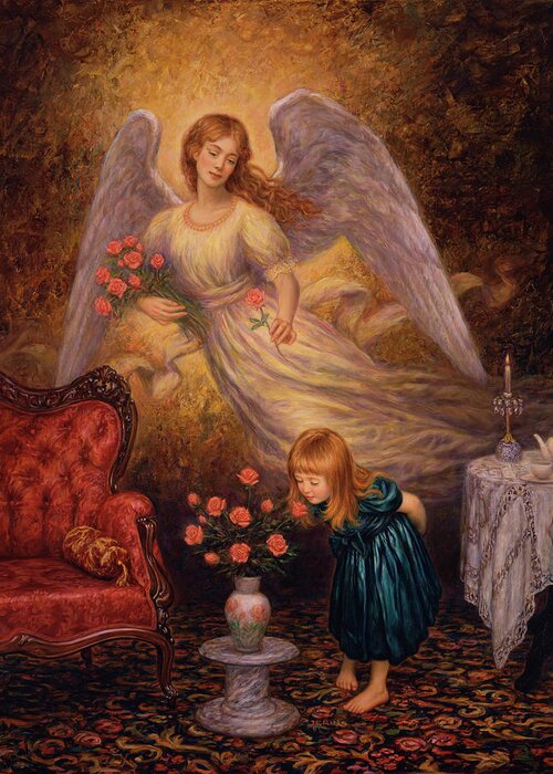 An Angel Looking Over A Little Girl Greeting Card featuring the painting Smell The Roses by Edgar Jerins