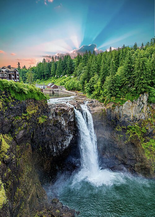 Amazing Greeting Card featuring the photograph Snoqualmie Falls with Sunlight by Darryl Brooks