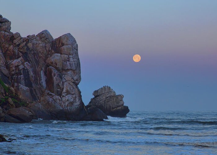 California Greeting Card featuring the photograph Snow Moon and Morro Rock by Cheryl Strahl