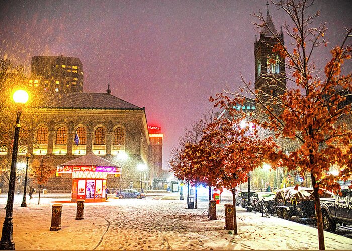 Boston Greeting Card featuring the photograph Snowfall in the City Boylston Street Boston MA by Toby McGuire