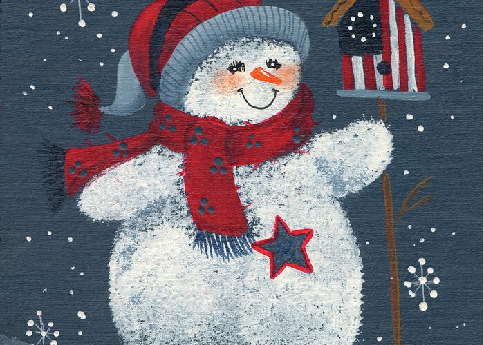 A Snowman Standing Next To A Bird House
Red White Blue Theme Greeting Card featuring the painting Snowman With Bird House by Beverly Johnston