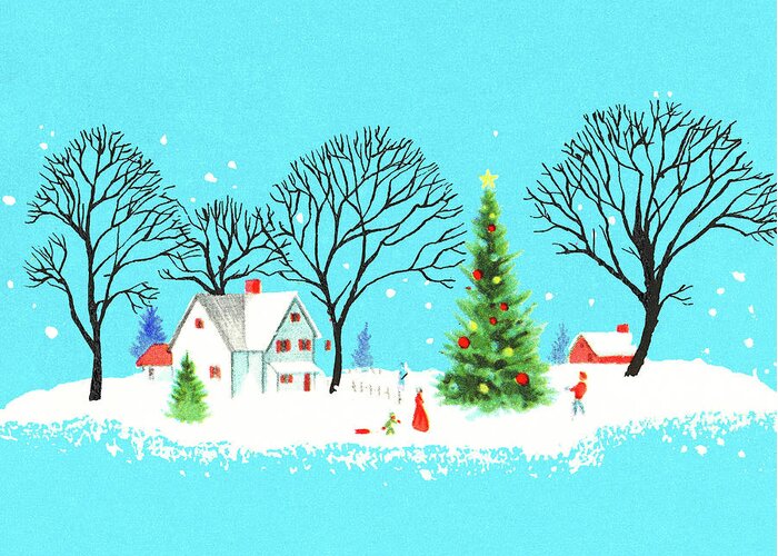 Campy Greeting Card featuring the drawing Snowy Homestead Christmas Tree Scene by CSA Images