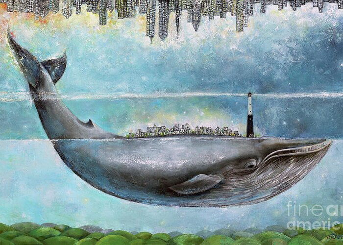 Whale Greeting Card featuring the painting Somewhere in the middle by Manami Lingerfelt