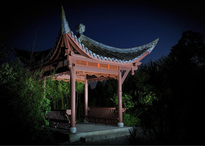 Seattle Chinese Garden Greeting Card featuring the photograph Song Mei Ting at Twilight by Briand Sanderson